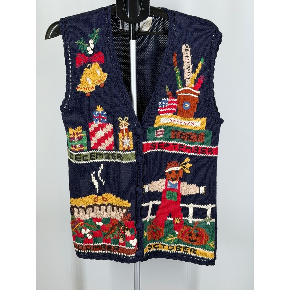 Erika Vintage Hand Knit Holiday Sweater Vest Navy Blue Seasonal Christmas Medium